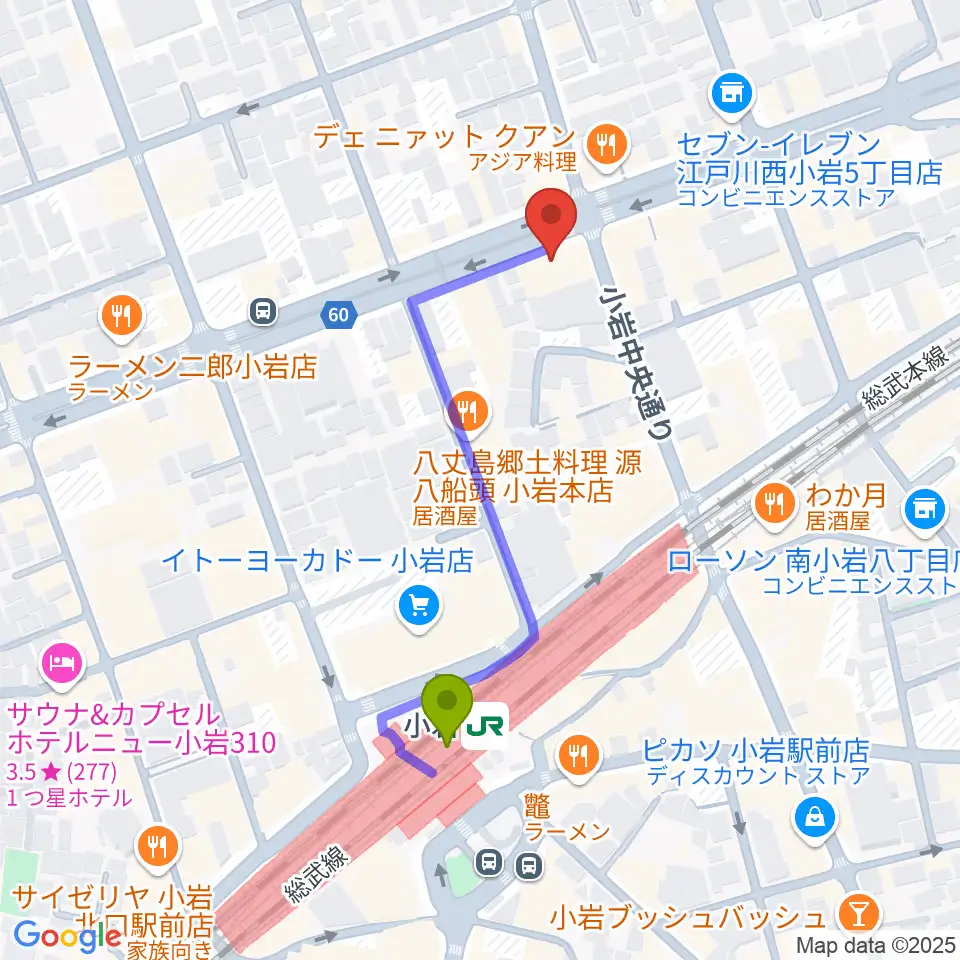 サウンドスタジオM小岩店の最寄駅小岩駅からの徒歩ルート（約4分）地図