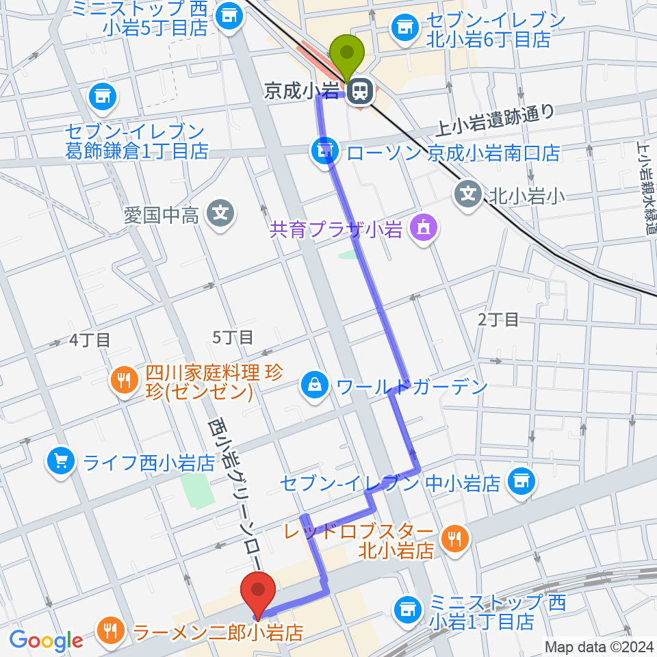 京成小岩駅からサウンドスタジオM小岩店へのルートマップ地図