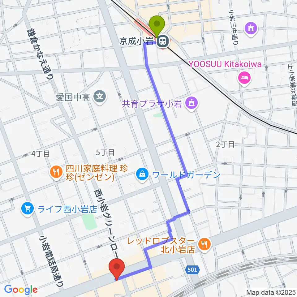 京成小岩駅からサウンドスタジオM小岩店へのルートマップ地図