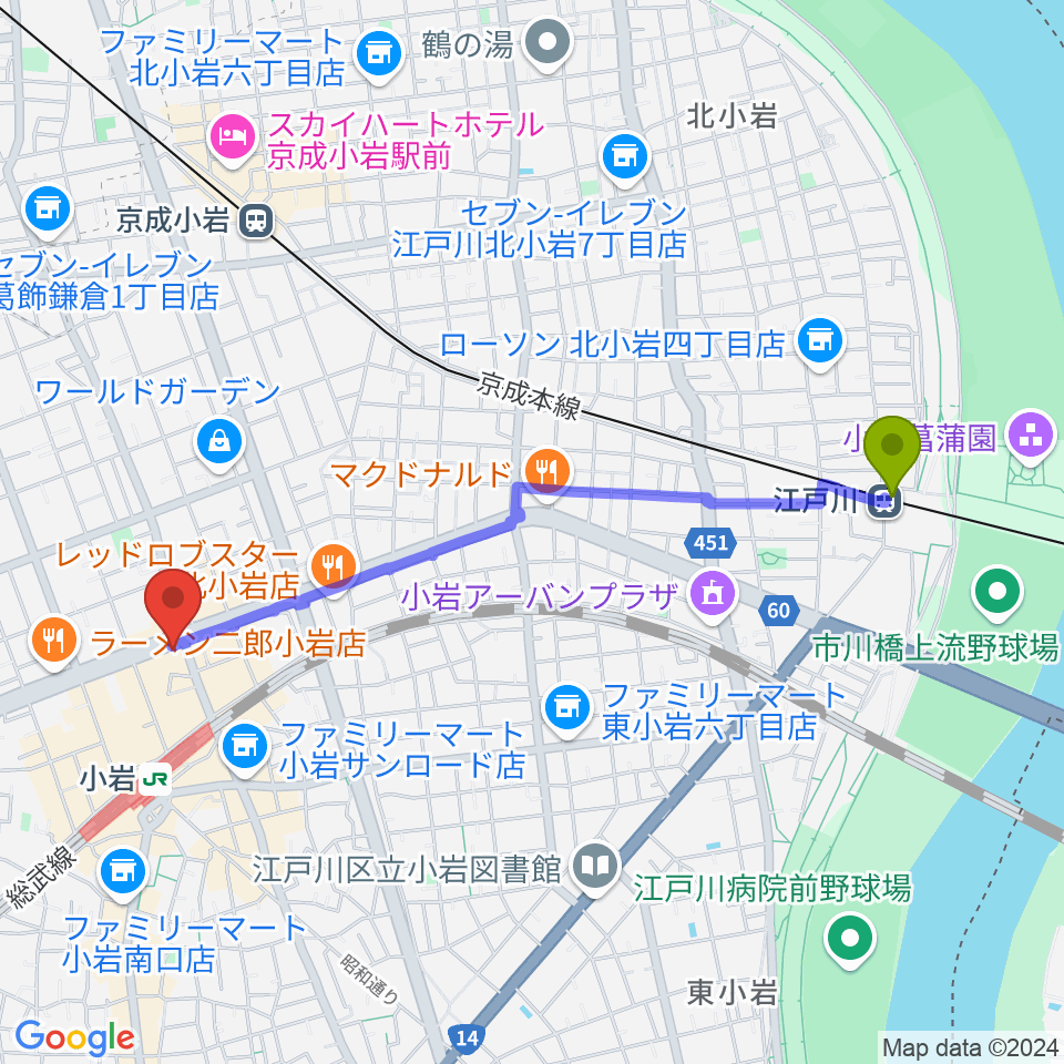 江戸川駅からサウンドスタジオM小岩店へのルートマップ地図