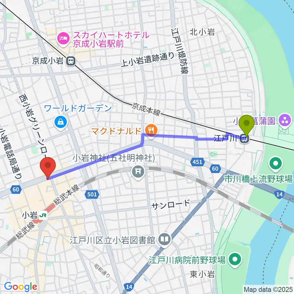 江戸川駅からサウンドスタジオM小岩店へのルートマップ地図