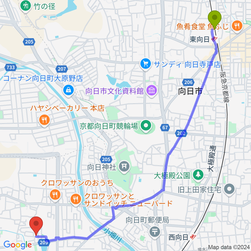 東向日駅からたけばやしピアノエレクトーン教室へのルートマップ地図