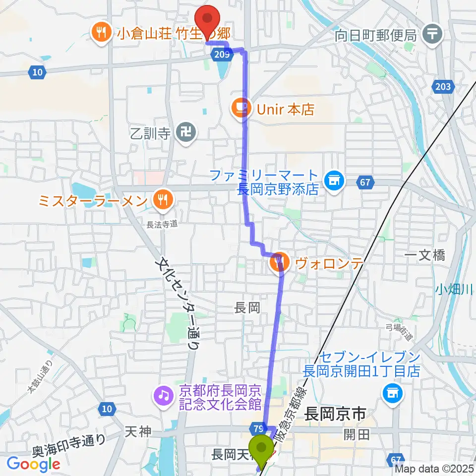 長岡天神駅からたけばやしピアノエレクトーン教室へのルートマップ地図