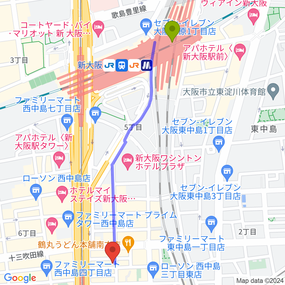新大阪駅からグスクミュージッククラブへのルートマップ地図
