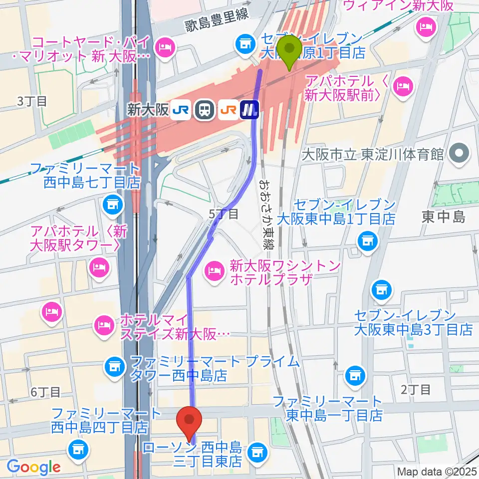 新大阪駅からグスクミュージッククラブへのルートマップ地図