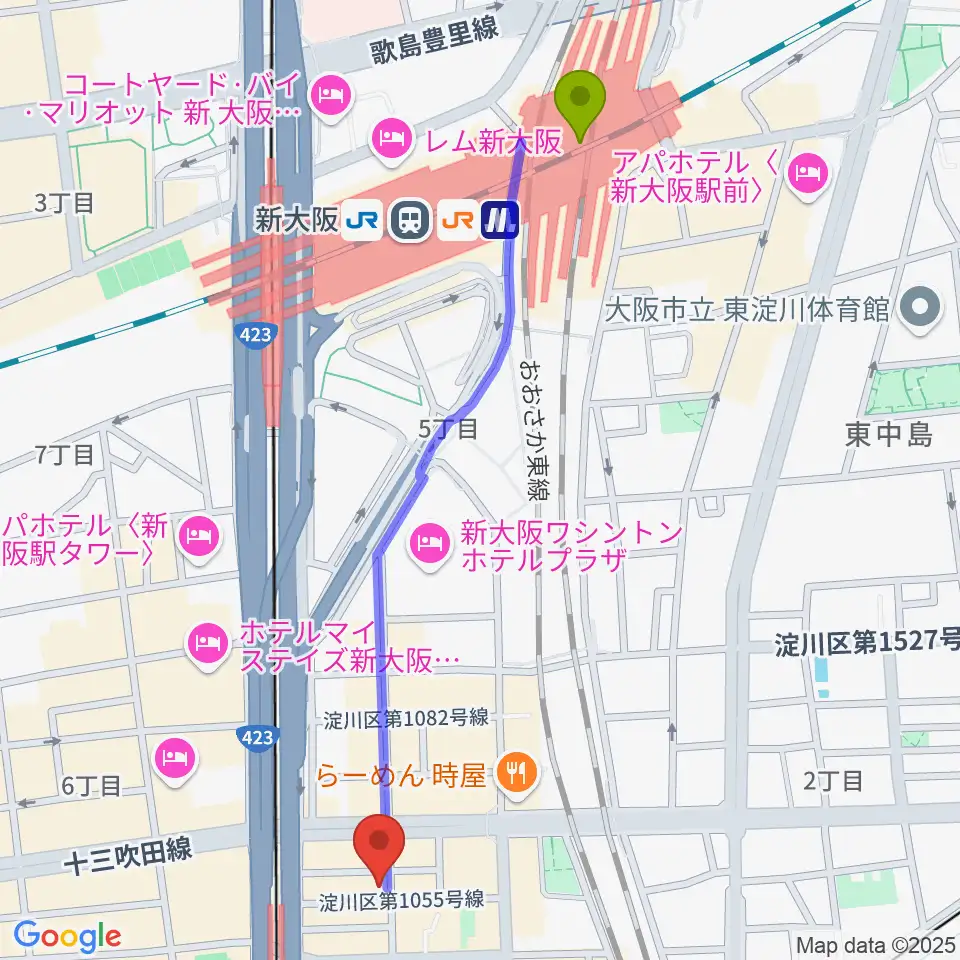新大阪駅からグスクミュージッククラブへのルートマップ地図