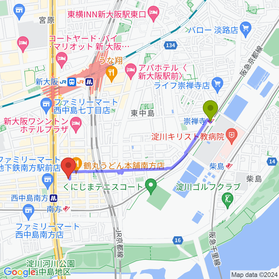 崇禅寺駅からグスクミュージッククラブへのルートマップ地図