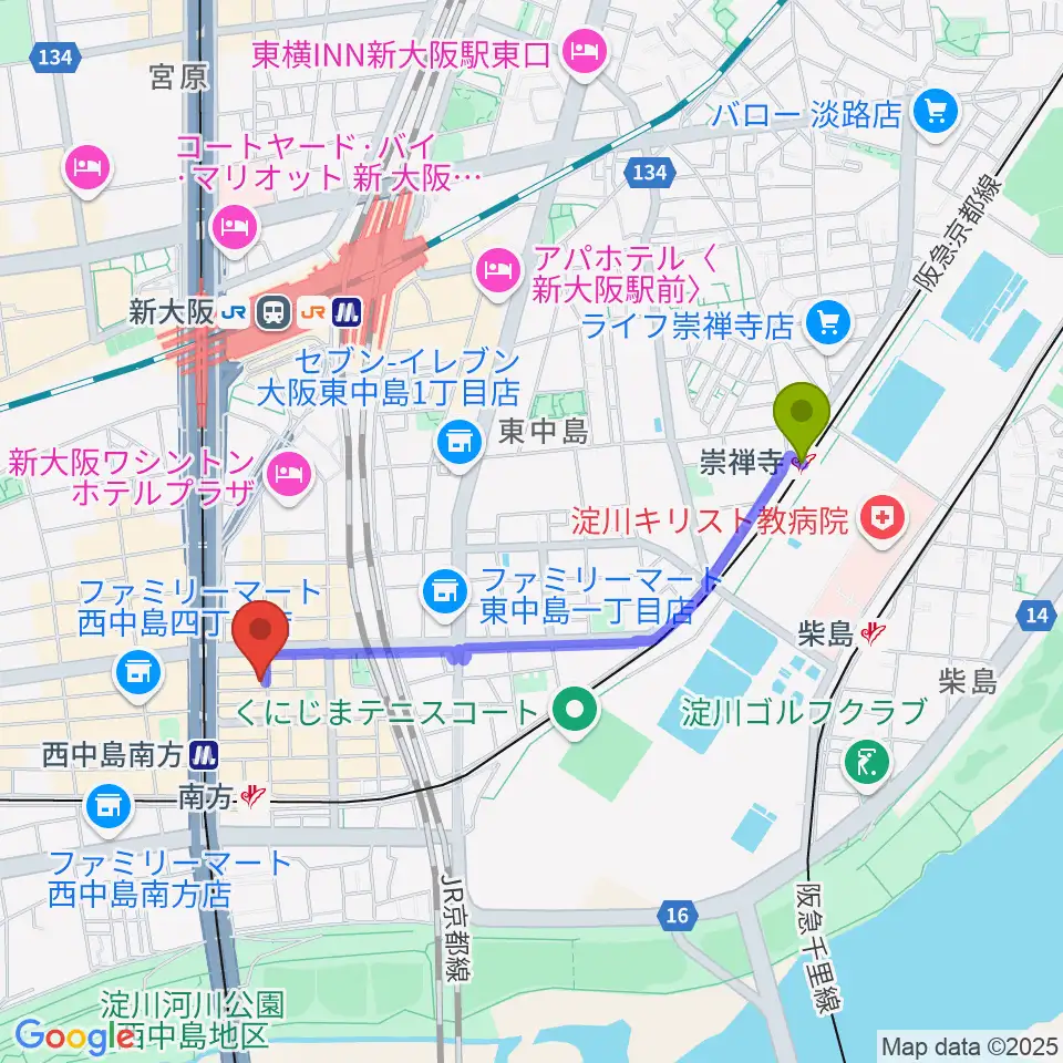 崇禅寺駅からグスクミュージッククラブへのルートマップ地図