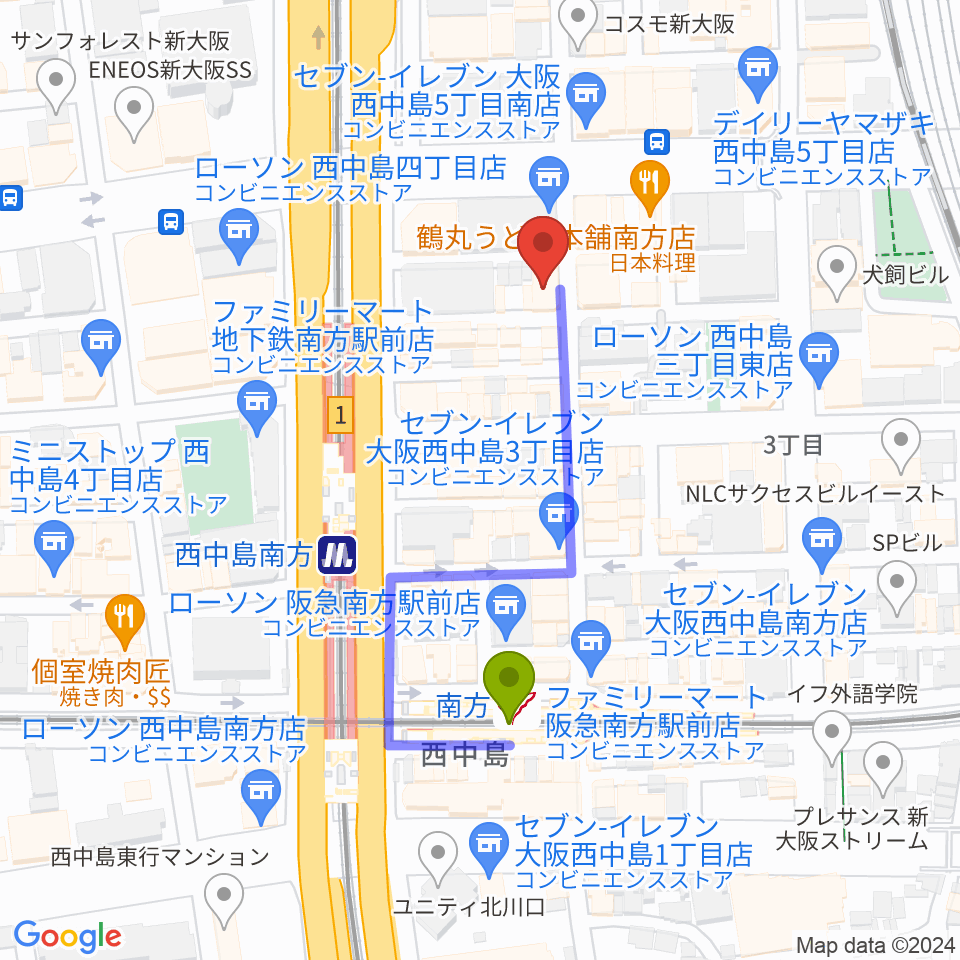 グスクミュージッククラブの最寄駅南方駅からの徒歩ルート（約4分）地図