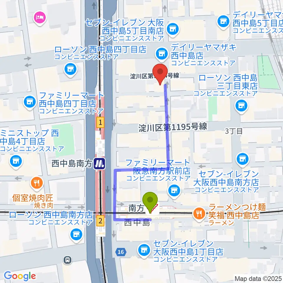 グスクミュージッククラブの最寄駅南方駅からの徒歩ルート（約4分）地図