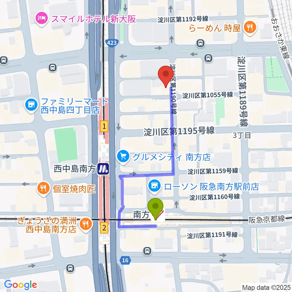 グスクミュージッククラブの最寄駅南方駅からの徒歩ルート（約4分）地図