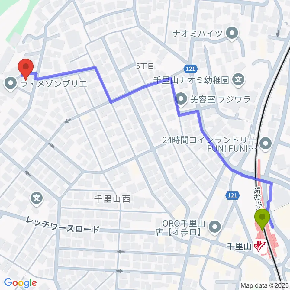 エンジェル・クレアーピアノ教室の最寄駅千里山駅からの徒歩ルート（約8分）地図