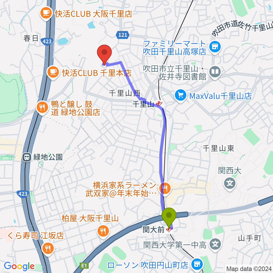 関大前駅からエンジェル・クレアーピアノ教室へのルートマップ地図