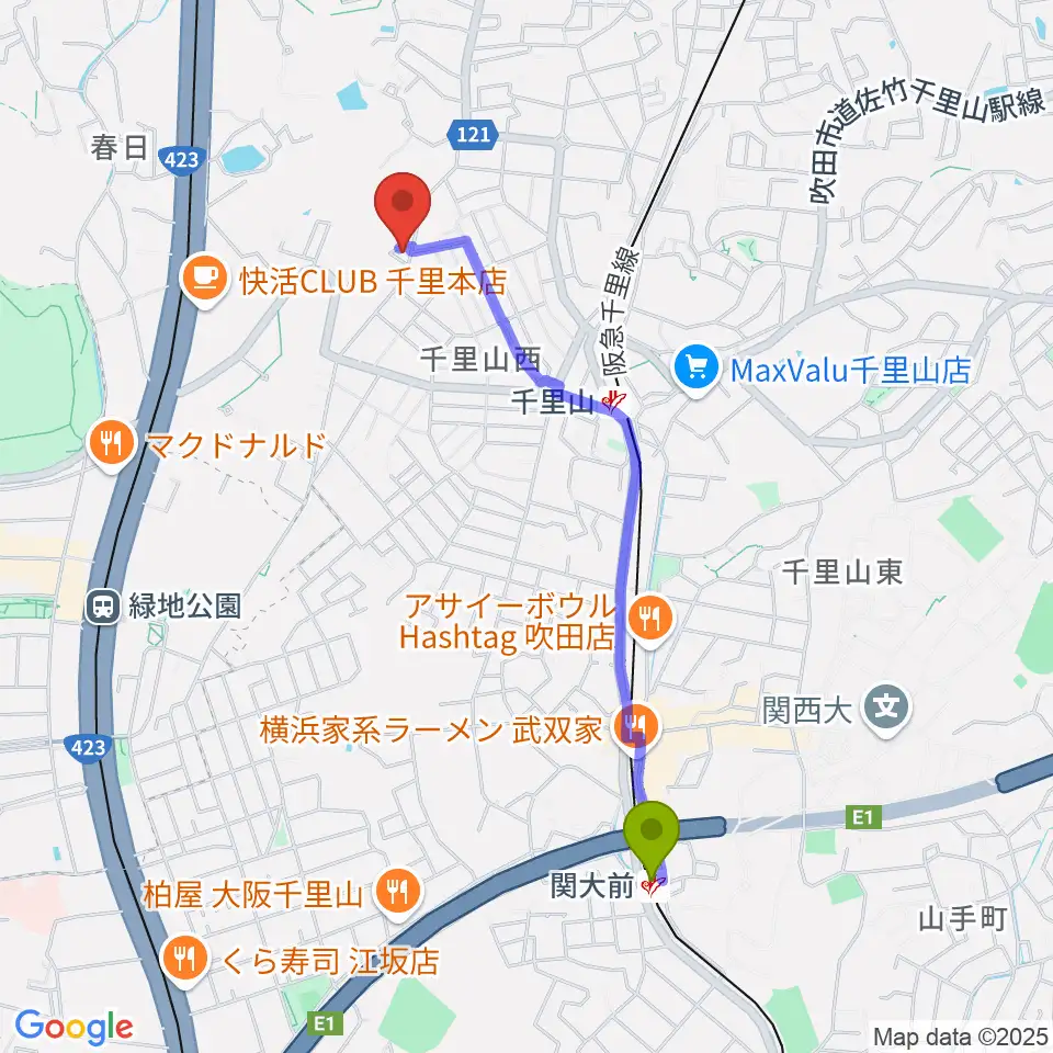 関大前駅からエンジェル・クレアーピアノ教室へのルートマップ地図