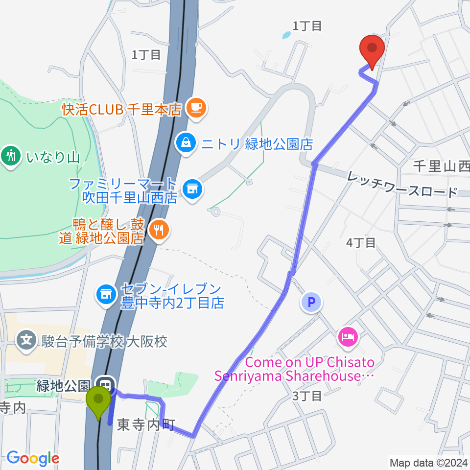 緑地公園駅からエンジェル・クレアーピアノ教室へのルートマップ地図