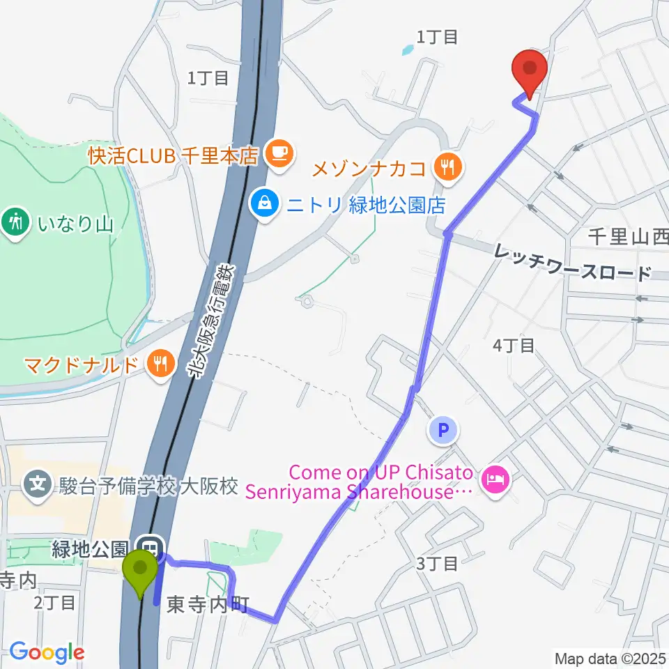 緑地公園駅からエンジェル・クレアーピアノ教室へのルートマップ地図