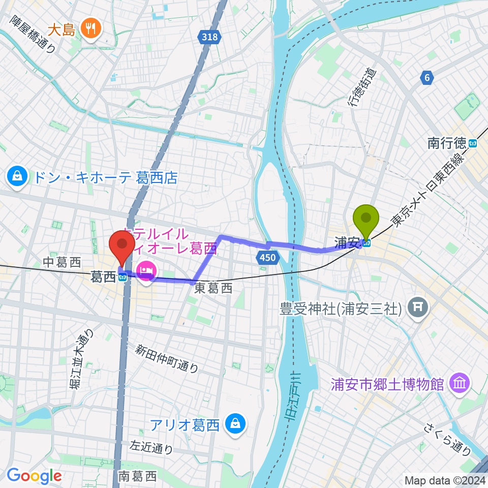 浦安駅からモア東京ボーカル教室 葛西駅校へのルートマップ地図