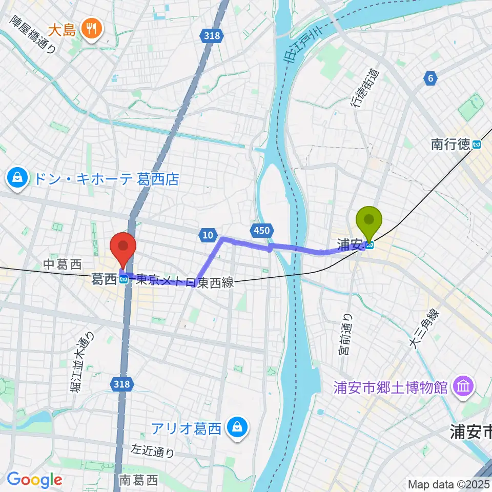 浦安駅からモア東京ボーカル教室 葛西駅校へのルートマップ地図