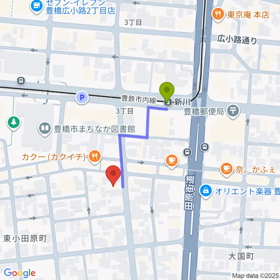 ハヤシ楽器リハーサルスタジオの最寄駅新川駅からの徒歩ルート（約3分）地図