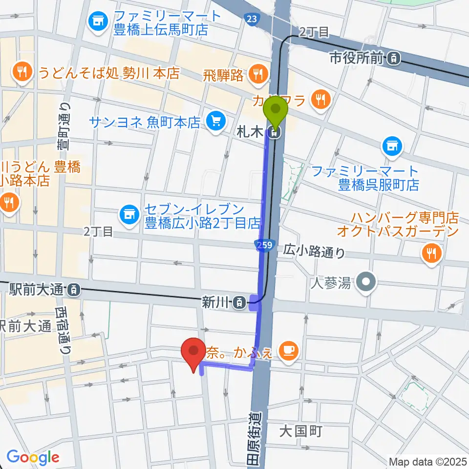 札木駅からハヤシ楽器リハーサルスタジオへのルートマップ地図