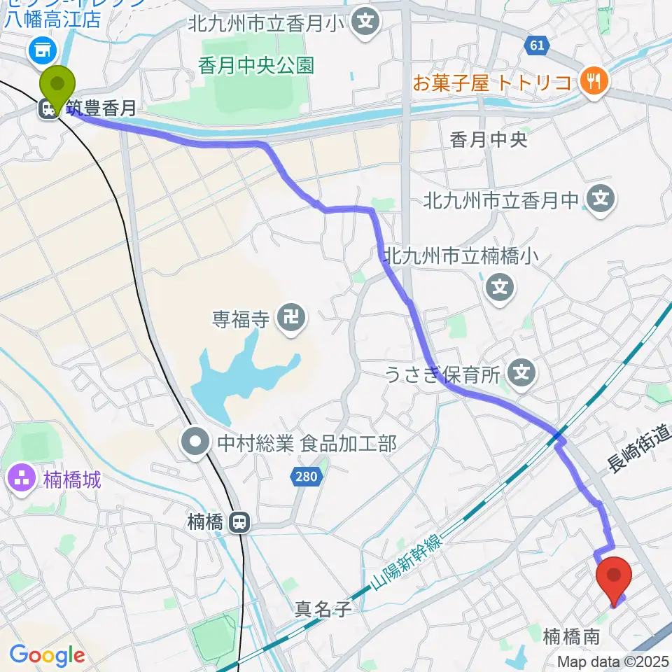 筑豊香月駅からROPミュージックスクールへのルートマップ地図