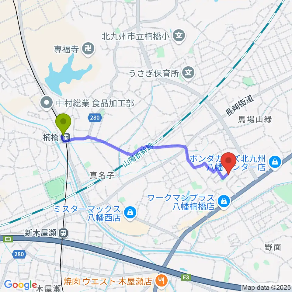 ROPミュージックスクールの最寄駅楠橋駅からの徒歩ルート（約18分）地図