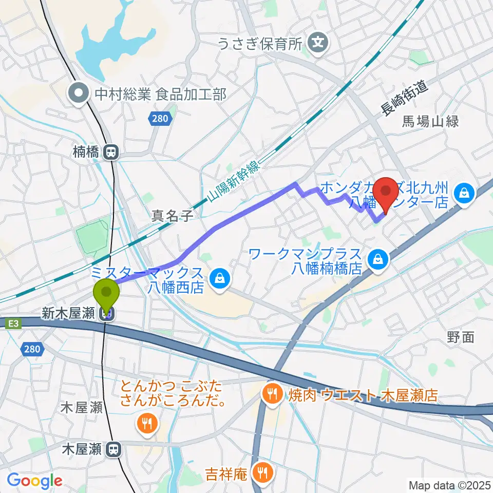 新木屋瀬駅からROPミュージックスクールへのルートマップ地図