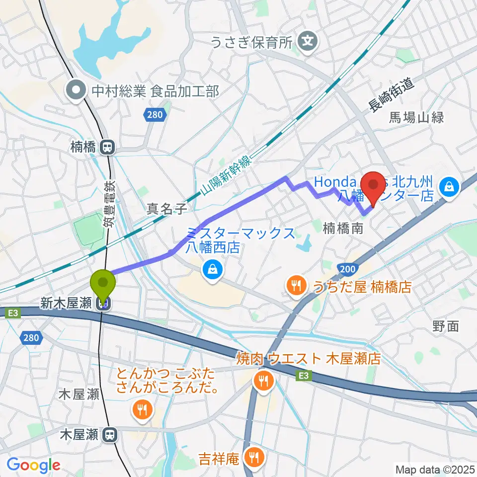 新木屋瀬駅からROPミュージックスクールへのルートマップ地図