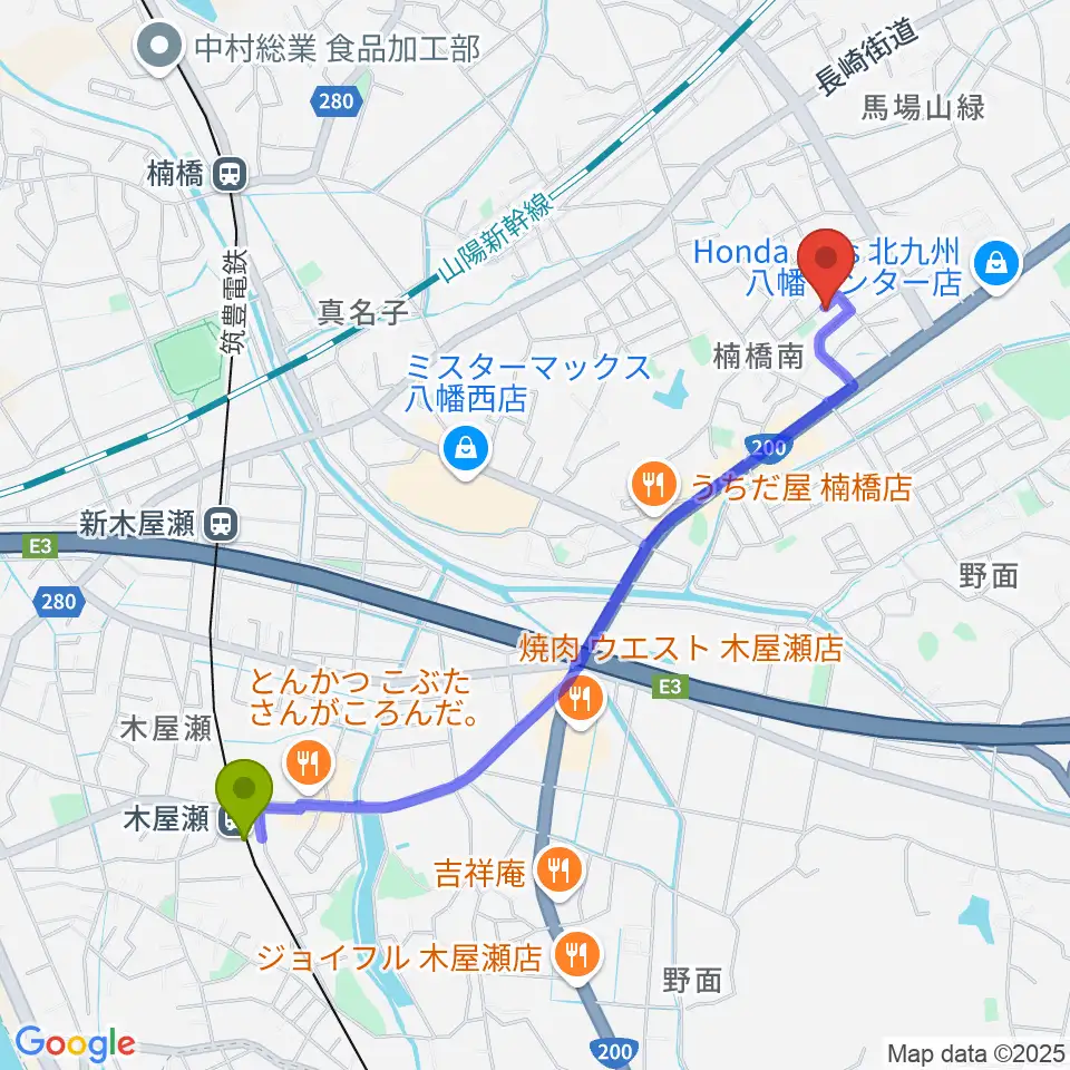 木屋瀬駅からROPミュージックスクールへのルートマップ地図