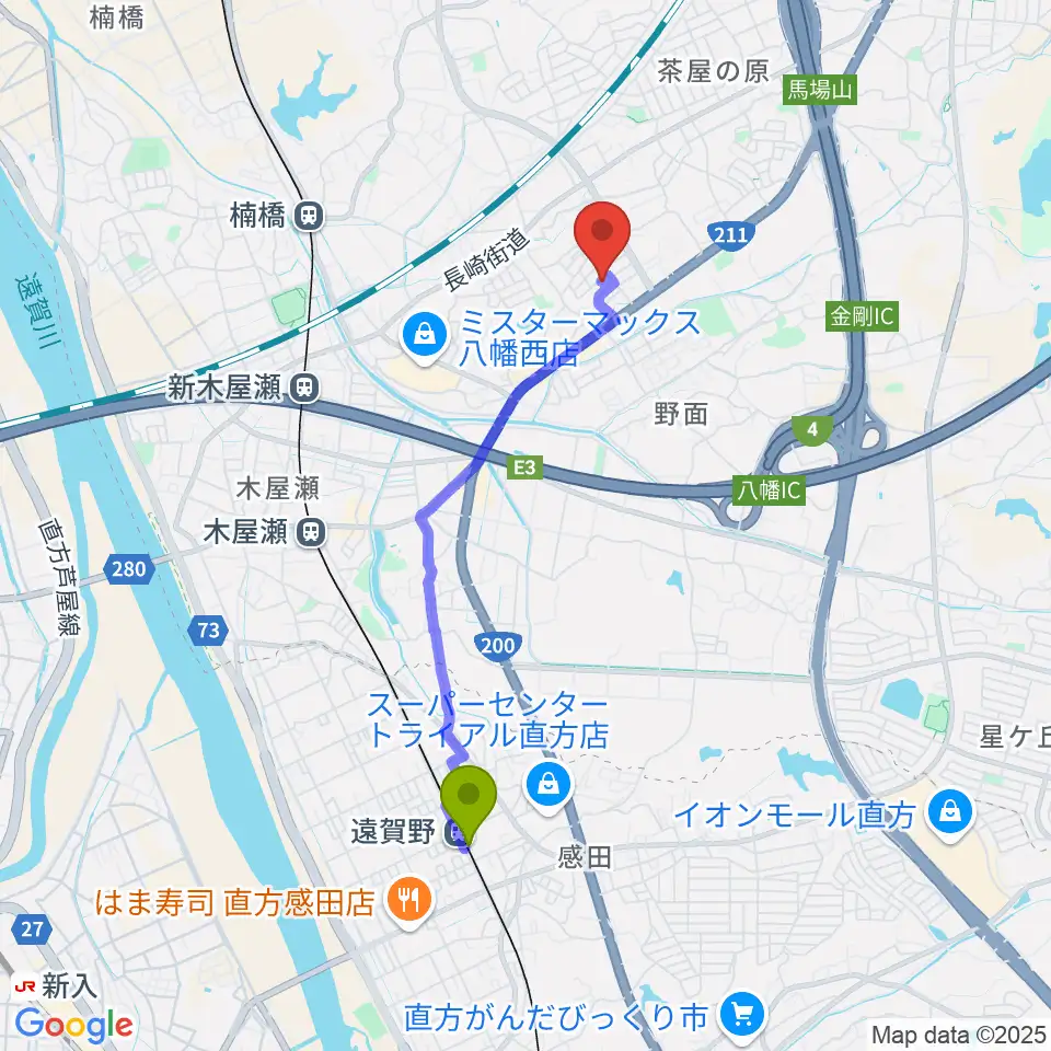 遠賀野駅からROPミュージックスクールへのルートマップ地図