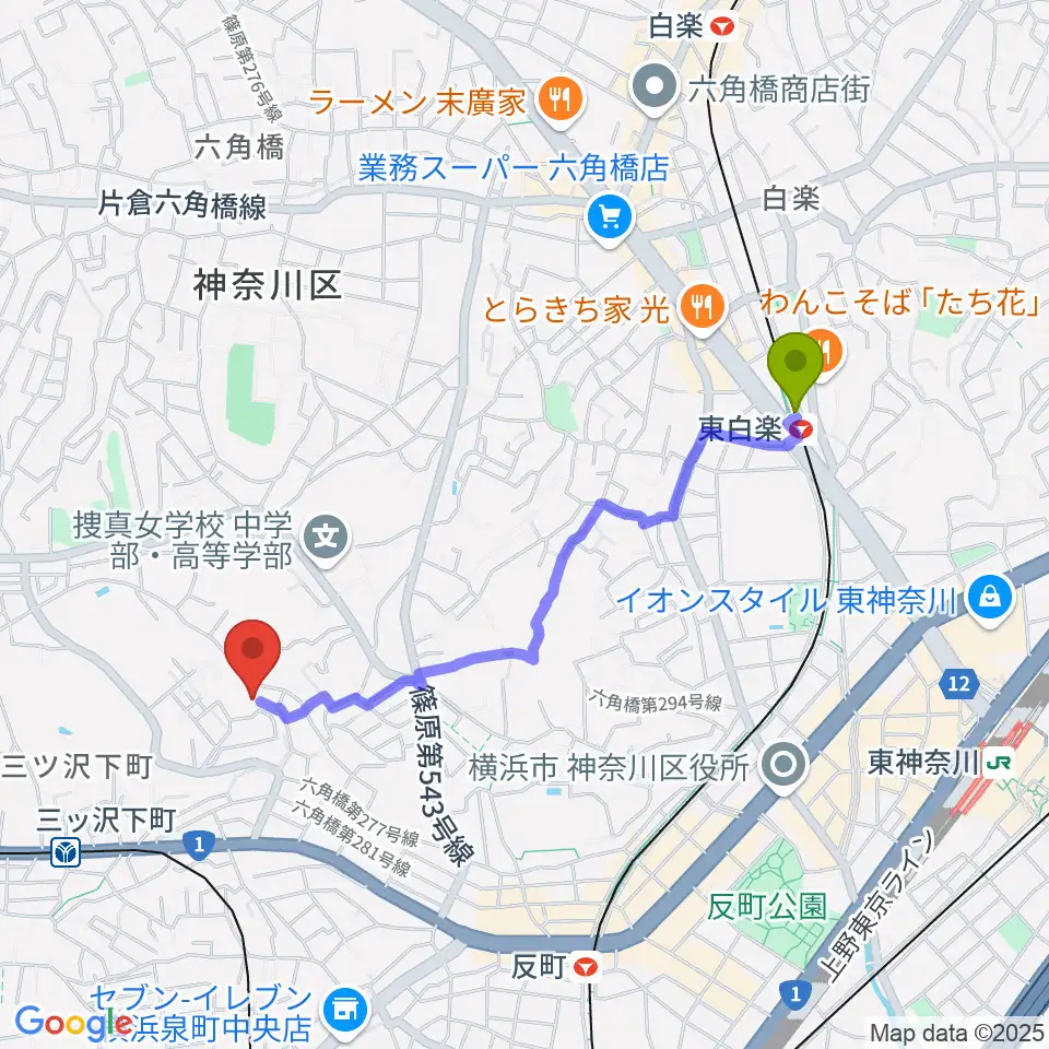 東白楽駅からリバーシティミュージックエンタテインメントへのルートマップ地図