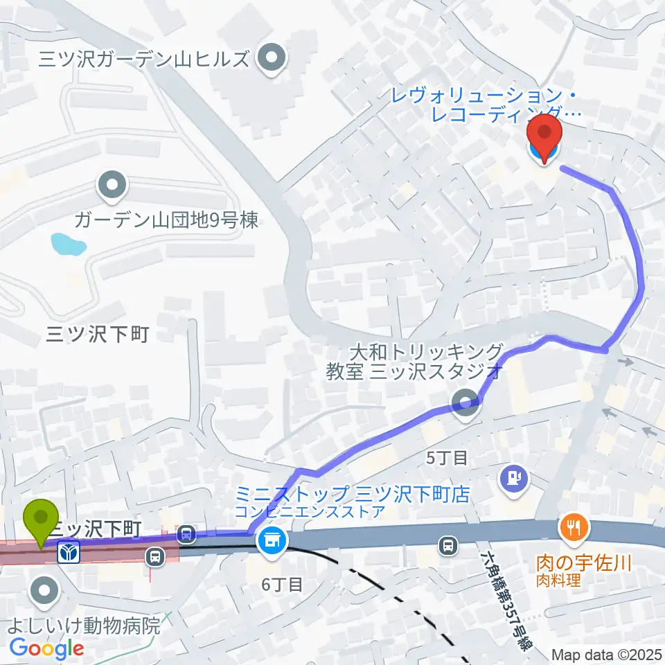 リバーシティミュージックエンタテインメントの最寄駅三ツ沢下町駅からの徒歩ルート（約7分）地図