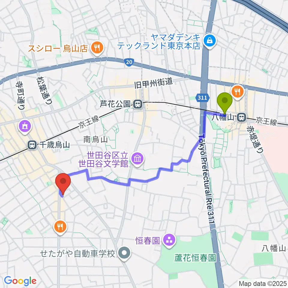 八幡山駅からスタジオゼロナインへのルートマップ地図