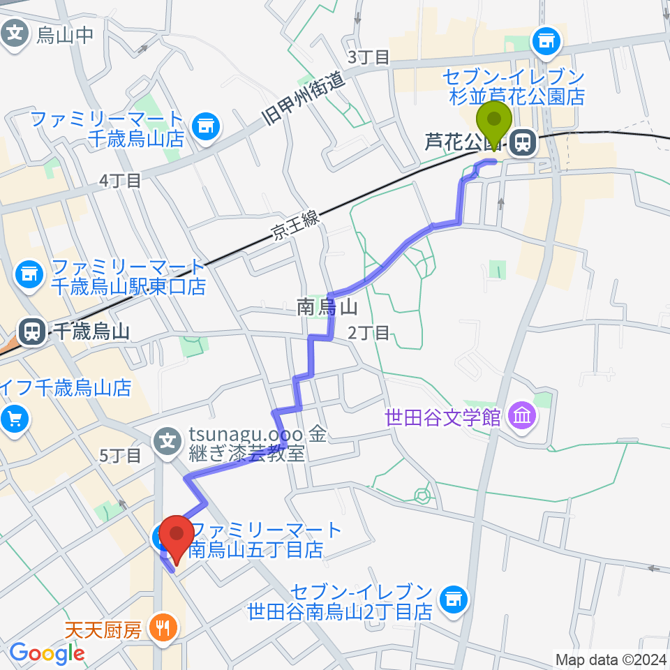 芦花公園駅からスタジオゼロナインへのルートマップ地図