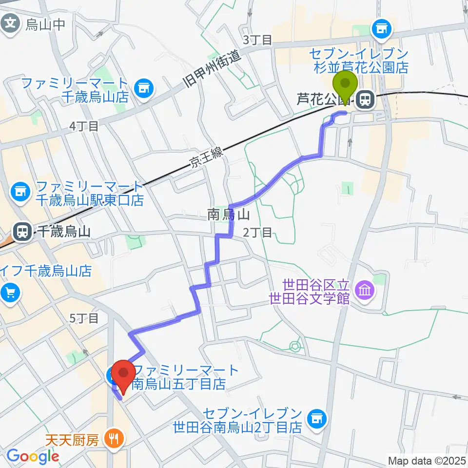芦花公園駅からスタジオゼロナインへのルートマップ地図