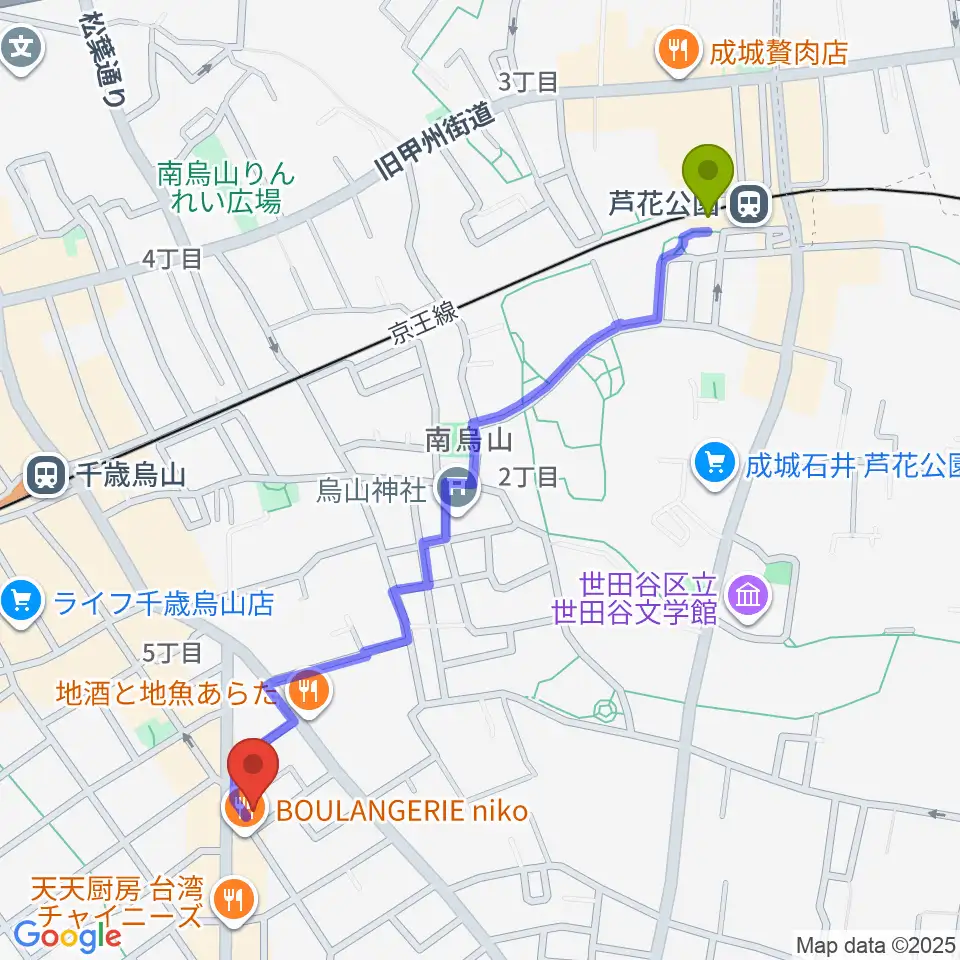 芦花公園駅からスタジオゼロナインへのルートマップ地図