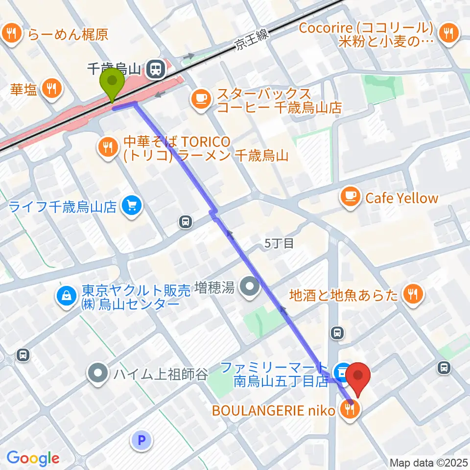 スタジオゼロナインの最寄駅千歳烏山駅からの徒歩ルート（約6分）地図