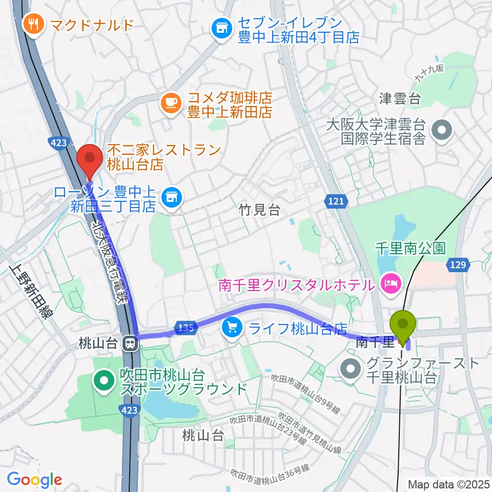 南千里駅からエストレーヤ音楽教室へのルートマップ地図