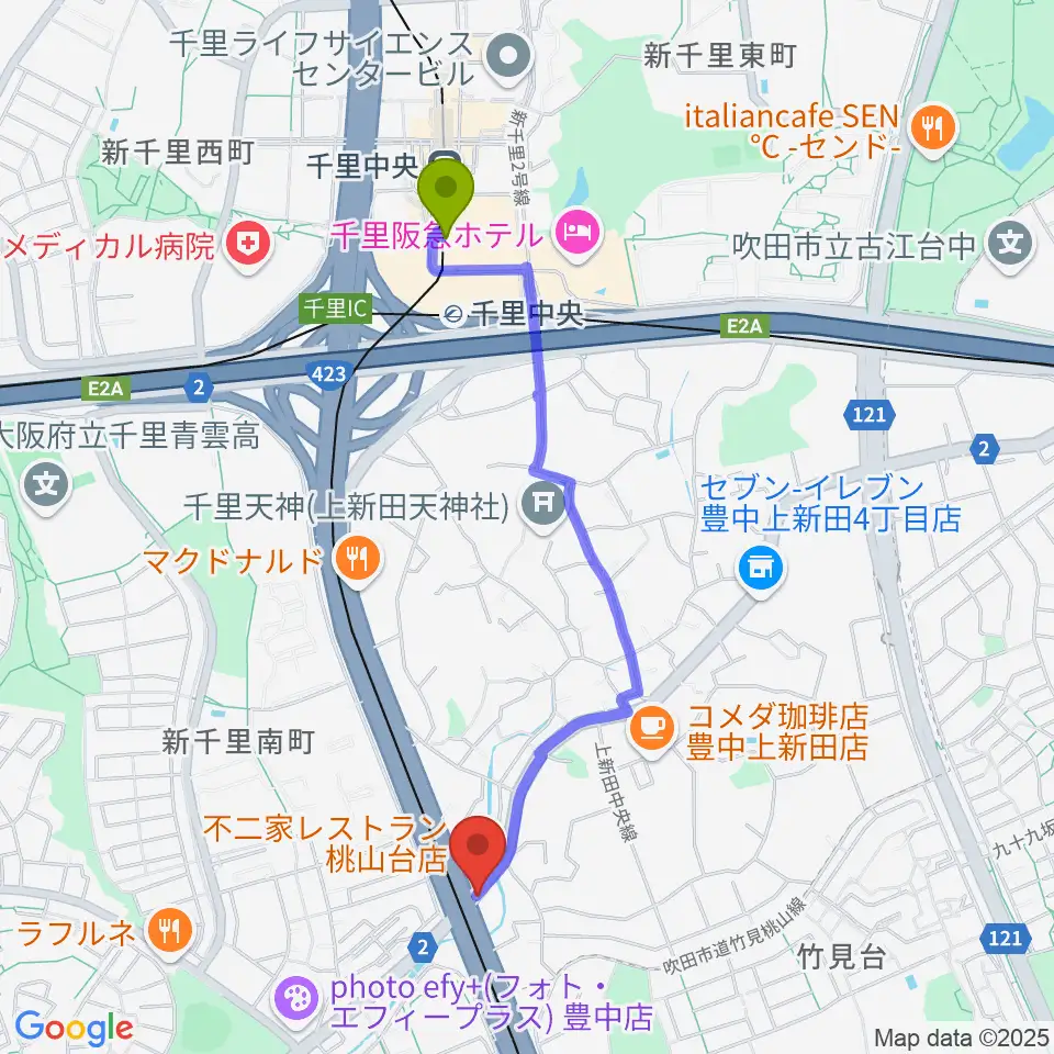 千里中央駅からエストレーヤ音楽教室へのルートマップ地図