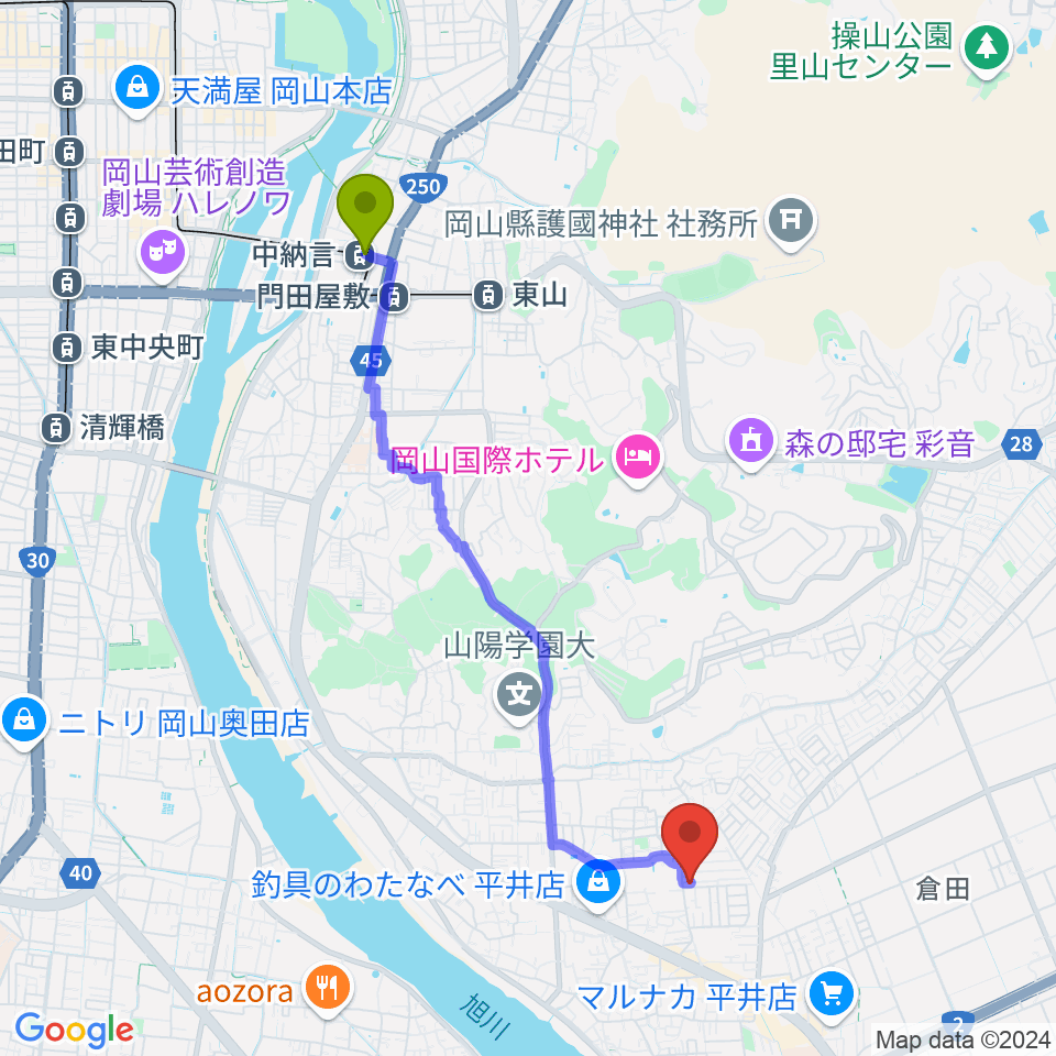 中納言駅からオトノハへのルートマップ地図