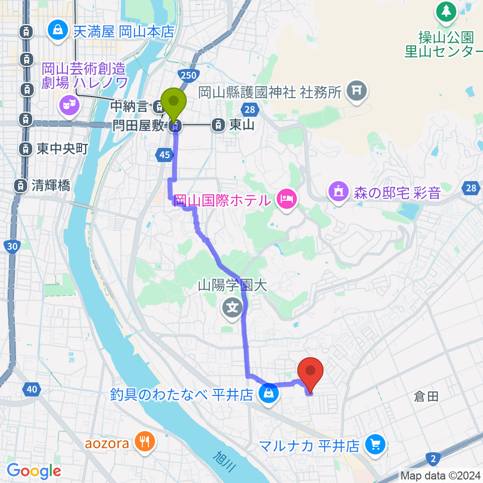 門田屋敷駅からオトノハへのルートマップ地図