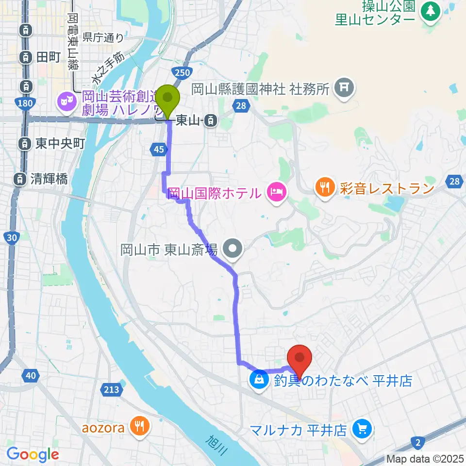 門田屋敷駅からオトノハへのルートマップ地図