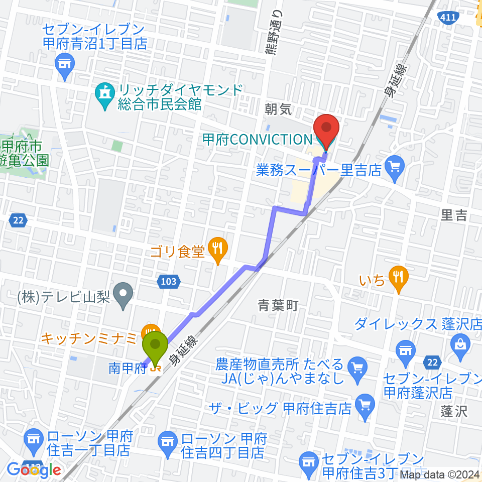 南甲府駅から甲府コンビクションへのルートマップ地図