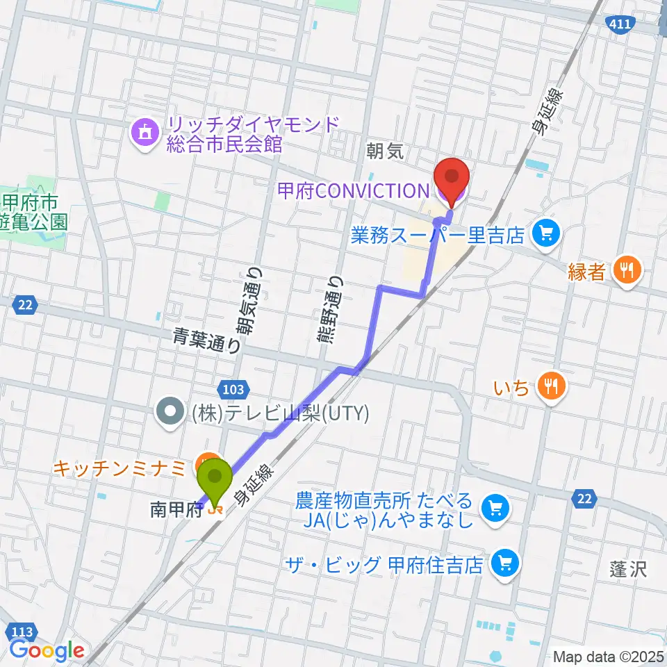 南甲府駅から甲府コンビクションへのルートマップ地図