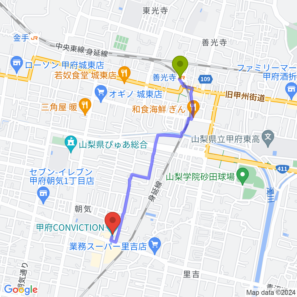 甲府コンビクションの最寄駅善光寺駅からの徒歩ルート（約18分）地図