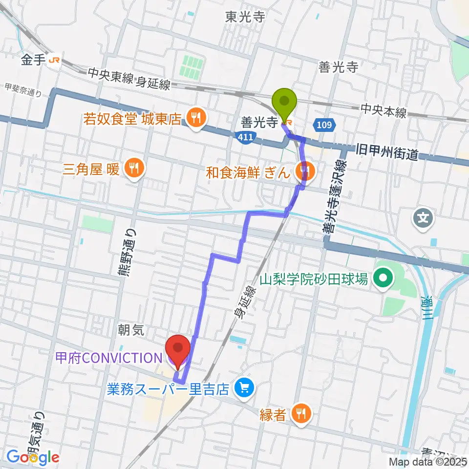甲府コンビクションの最寄駅善光寺駅からの徒歩ルート（約18分）地図