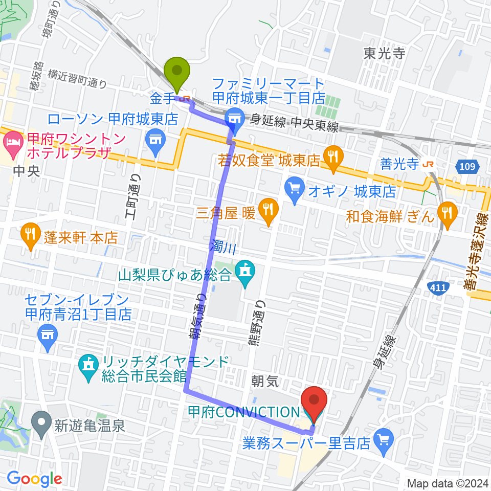 金手駅から甲府コンビクションへのルートマップ地図