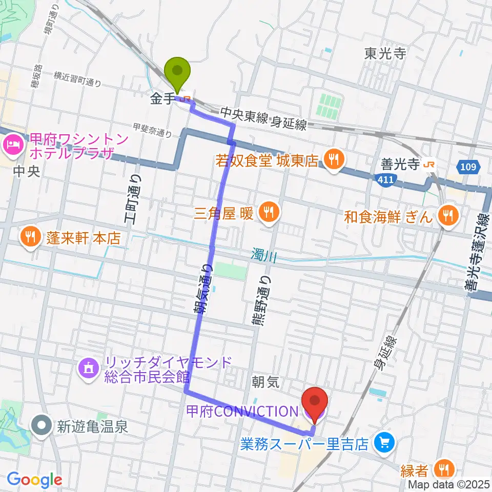 金手駅から甲府コンビクションへのルートマップ地図