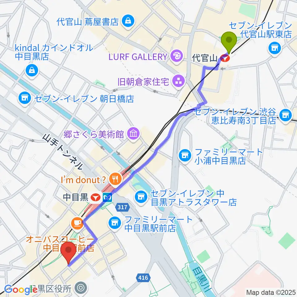 代官山駅から中目黒 楽屋へのルートマップ地図