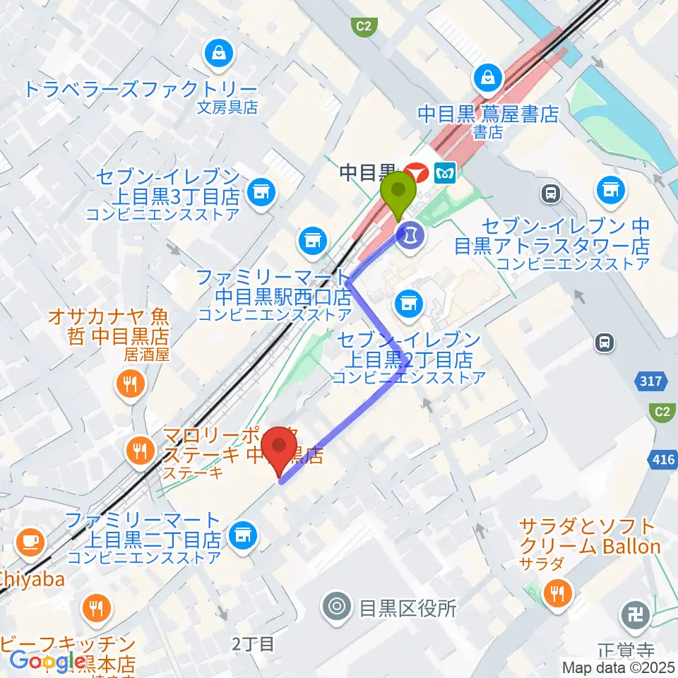 中目黒 楽屋の最寄駅中目黒駅からの徒歩ルート（約3分）地図